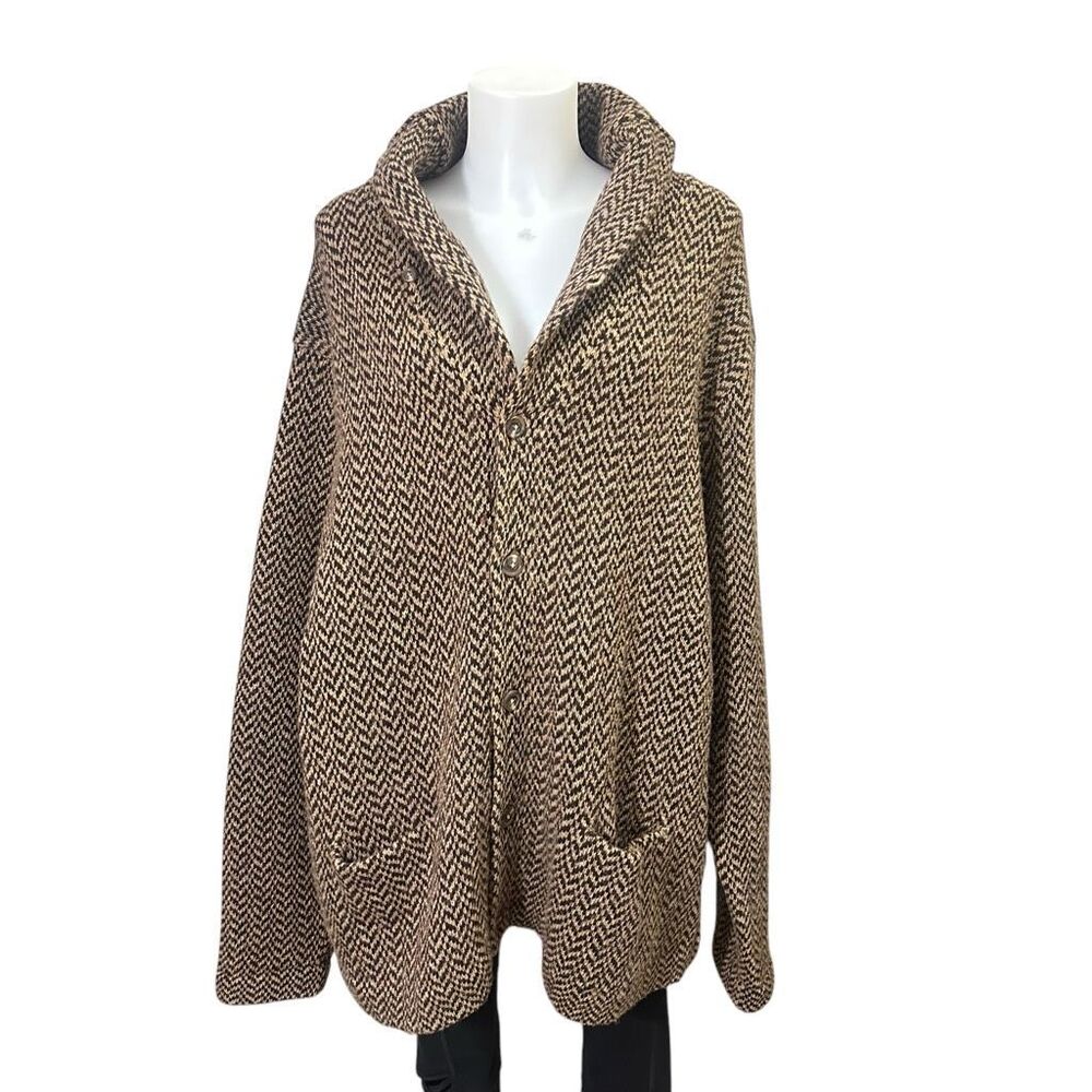 POLO Ralph Lauren 100% Lambswool Brown Herringbone Sweater Cardigan XXL Vintage - Picture 4 of 9